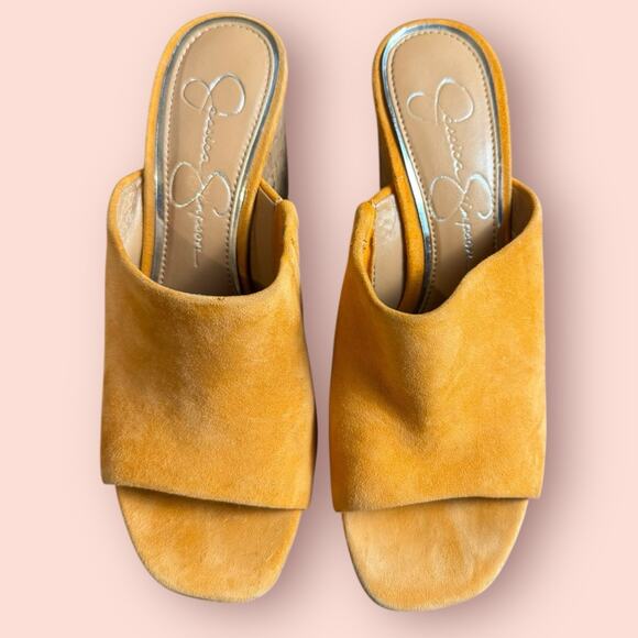 JESSICA SIMPSON Cork WEDGE OPEN TOE HIGH HEELS MULES Sz 6 Platform Burnt Orange - Picture 2 of 3